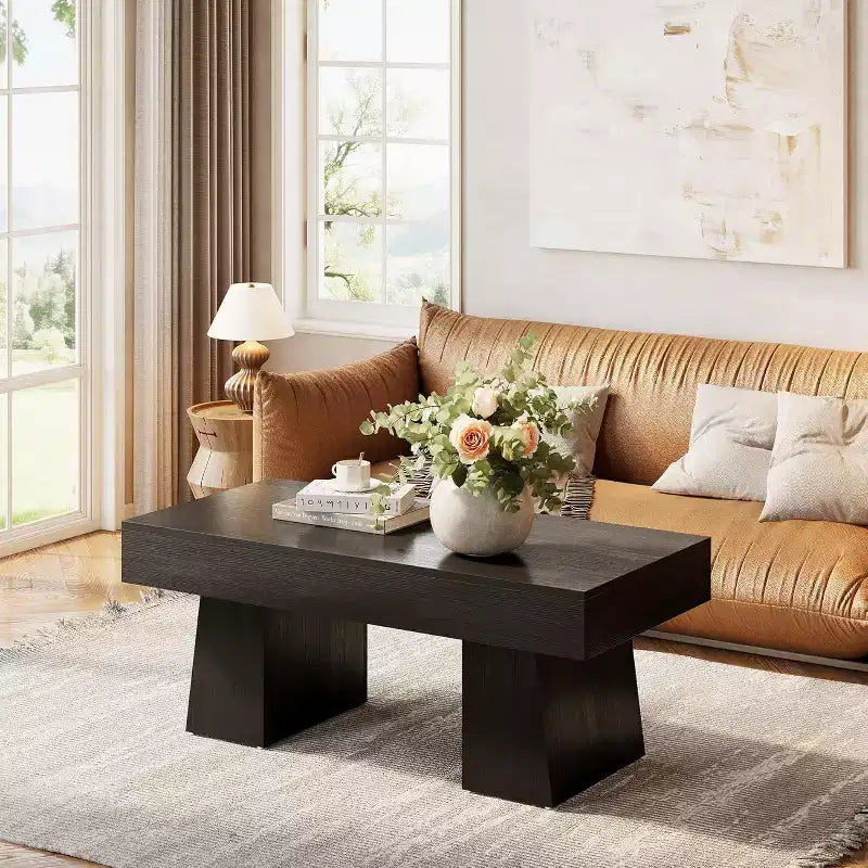 Table basse Lantine 47, Table basse rectangulaire en bois avec base épaisse, pour salon, salle de séjour