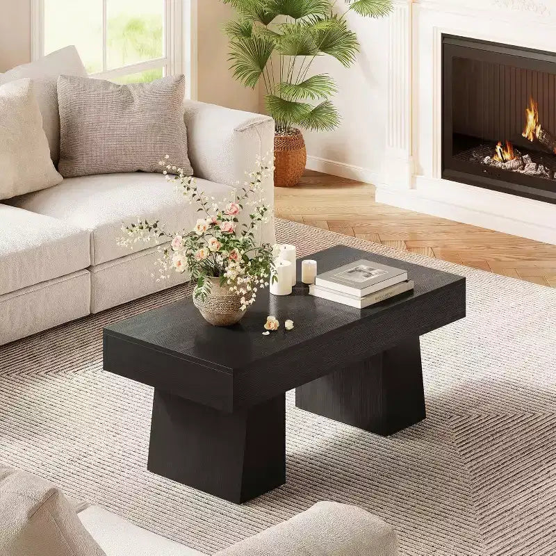 Table basse Lantine 47, Table basse rectangulaire en bois avec base épaisse, pour salon, salle de séjour