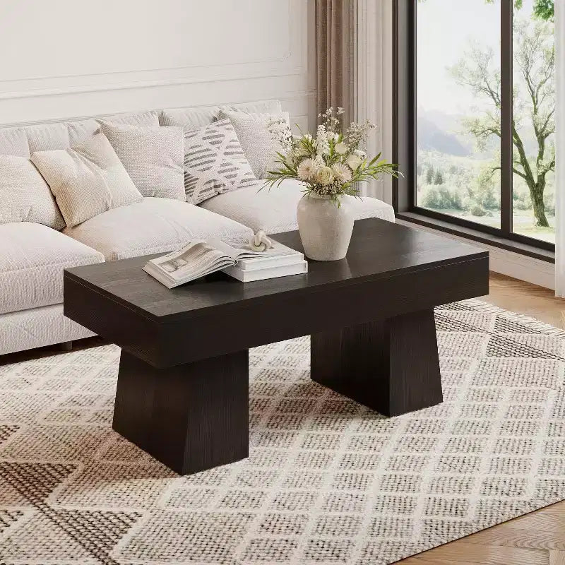 Table basse Lantine 47, Table basse rectangulaire en bois avec base épaisse, pour salon, salle de séjour