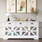 Farmhouse Sideboard Buffet Cabinet, 63in Coffee Bar Cupboard Storage Cabinet with 3 Drawers 4 Doors and Adjustable Shelves for Home, White