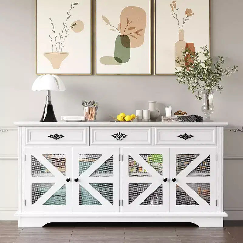 Farmhouse Sideboard Buffet Cabinet, 63in Coffee Bar Cupboard Storage Cabinet with 3 Drawers 4 Doors and Adjustable Shelves for Home, White