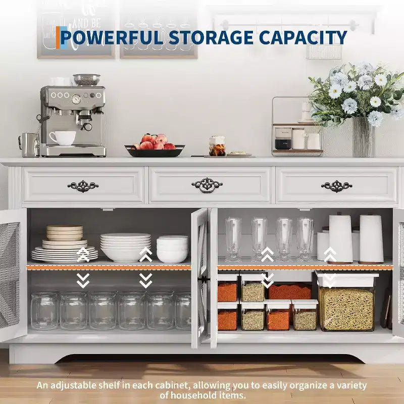 Farmhouse Sideboard Buffet Cabinet, 63in Coffee Bar Cupboard Storage Cabinet with 3 Drawers 4 Doors and Adjustable Shelves for Home, White