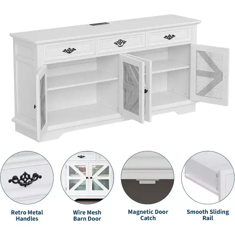 Farmhouse Sideboard Buffet Cabinet, 63in Coffee Bar Cupboard Storage Cabinet with 3 Drawers 4 Doors and Adjustable Shelves for Home, White