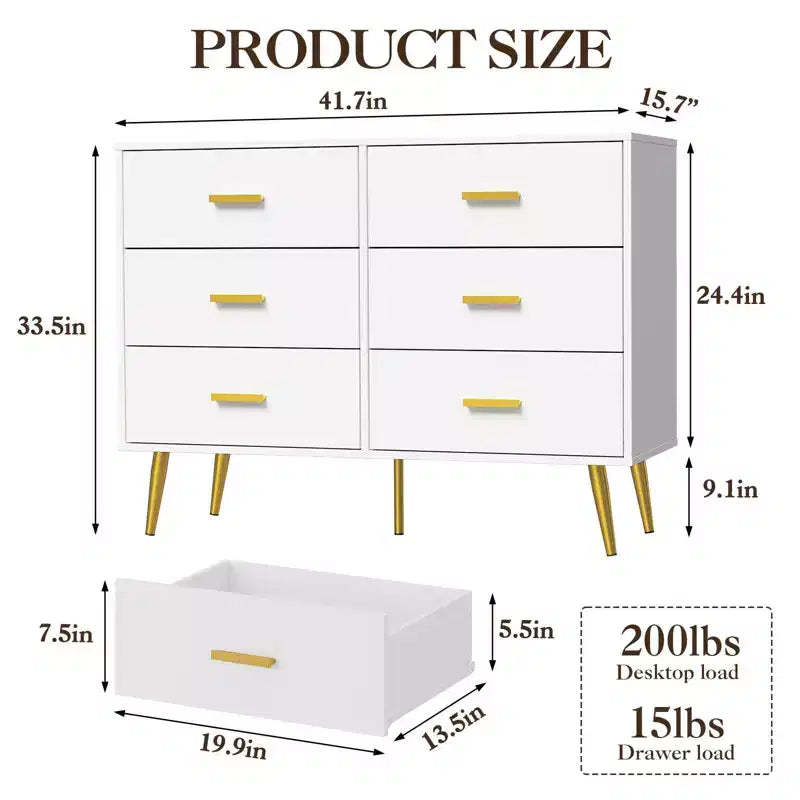6-Drawer Dresser, Modern Wooden Bedroom Chest of Drawers With Storage Drawers, Farmhouse Style TV Stand for Living Room, Bedroom, Hallway, White
