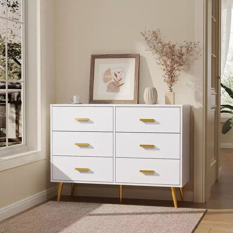 6-Drawer Dresser, Modern Wooden Bedroom Chest of Drawers With Storage Drawers, Farmhouse Style TV Stand for Living Room, Bedroom, Hallway, White