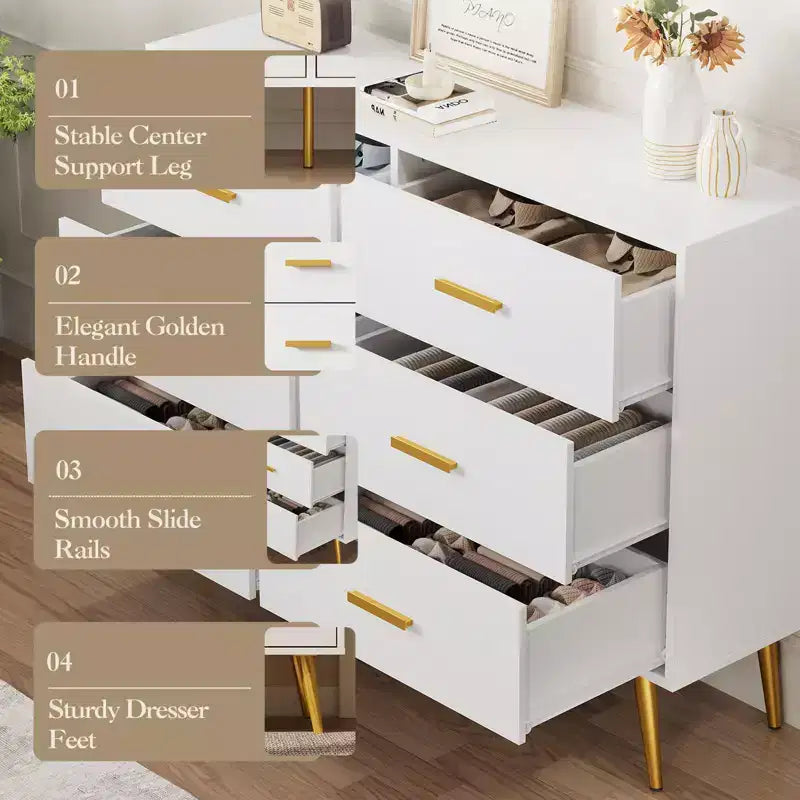 6-Drawer Dresser, Modern Wooden Bedroom Chest of Drawers With Storage Drawers, Farmhouse Style TV Stand for Living Room, Bedroom, Hallway, White