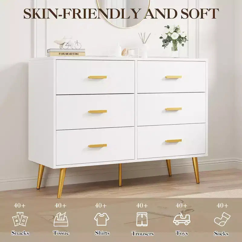 6-Drawer Dresser, Modern Wooden Bedroom Chest of Drawers With Storage Drawers, Farmhouse Style TV Stand for Living Room, Bedroom, Hallway, White