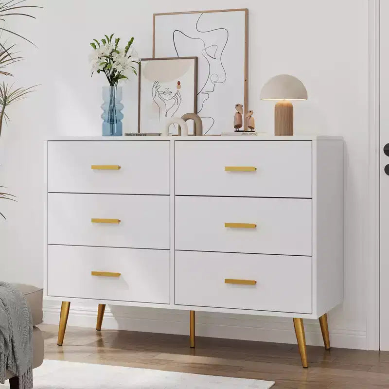 6-Drawer Dresser, Modern Wooden Bedroom Chest of Drawers With Storage Drawers, Farmhouse Style TV Stand for Living Room, Bedroom, Hallway, White