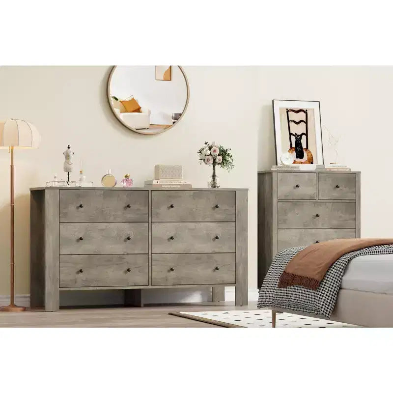 Commode à 6 tiroirs, commode de chambre moderne en bois avec tiroirs de rangement, meuble TV de style ferme pour salon, chambre à coucher, ivoire clair