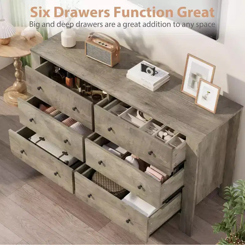 Commode à 6 tiroirs, commode de chambre moderne en bois avec tiroirs de rangement, meuble TV de style ferme pour salon, chambre à coucher, ivoire clair