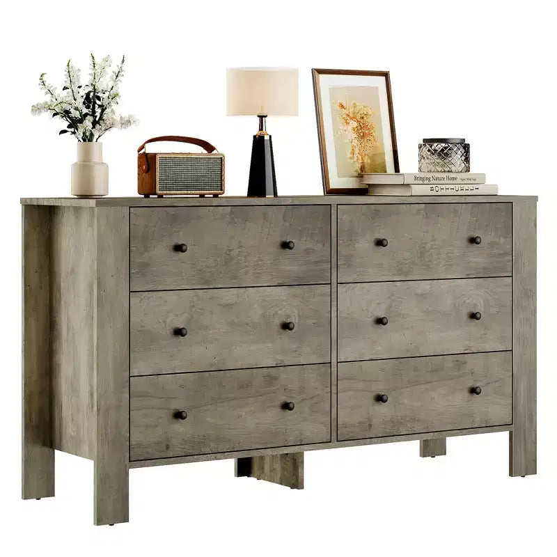Commode à 6 tiroirs, commode de chambre moderne en bois avec tiroirs de rangement, meuble TV de style ferme pour salon, chambre à coucher, ivoire clair