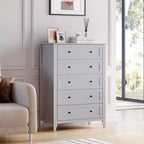 Commode 5 tiroirs pour chambre à coucher, chiffonnier en bois style ferme pour vêtements, grande commode de rangement avec poignées dorées et tiroirs profonds