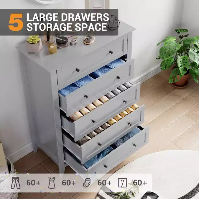 Commode 5 tiroirs pour chambre à coucher, chiffonnier en bois style ferme pour vêtements, grande commode de rangement avec poignées dorées et tiroirs profonds
