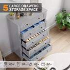 Commode 5 tiroirs pour chambre à coucher, chiffonnier en bois style ferme pour vêtements, grande commode de rangement avec poignées dorées et tiroirs profonds