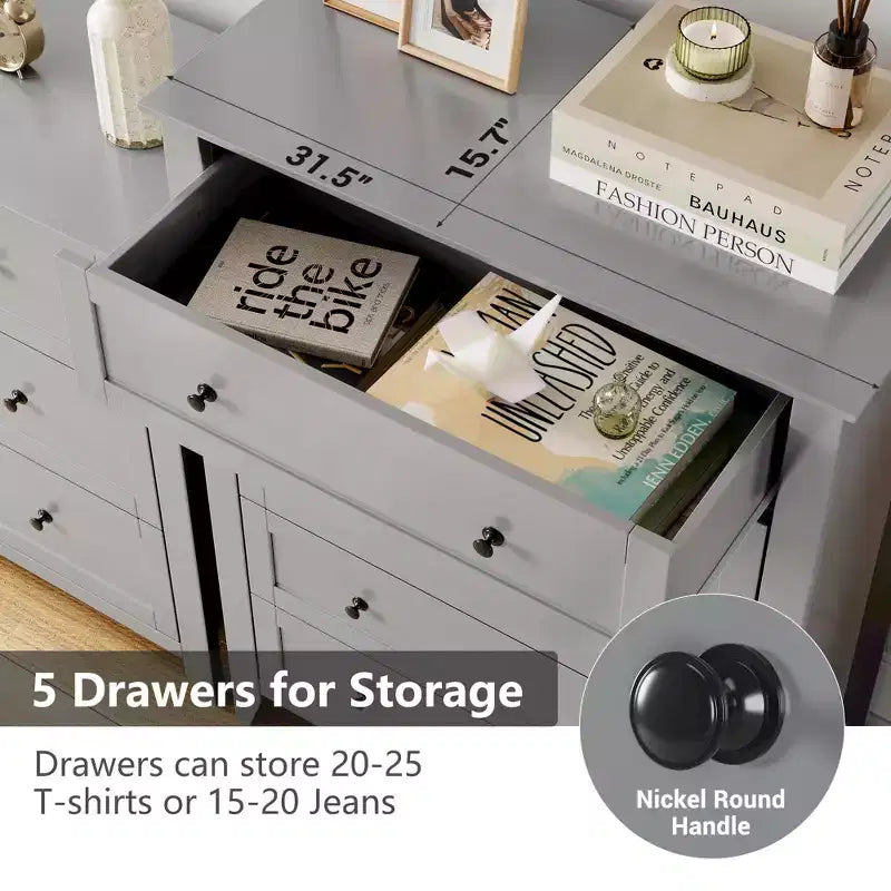 Commode 5 tiroirs pour chambre à coucher, chiffonnier en bois style ferme pour vêtements, grande commode de rangement avec poignées dorées et tiroirs profonds