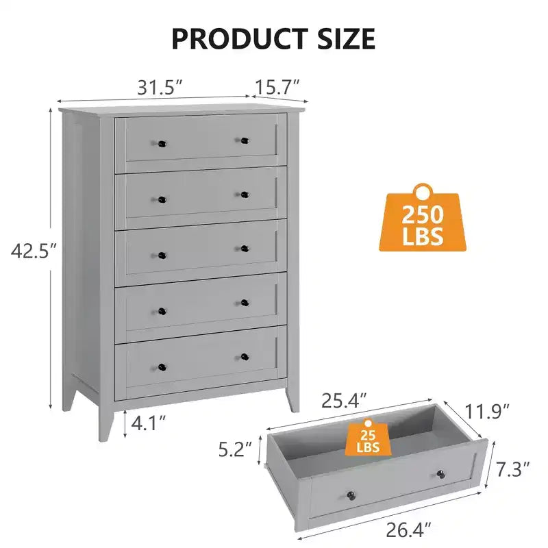 Commode 5 tiroirs pour chambre à coucher, chiffonnier en bois style ferme pour vêtements, grande commode de rangement avec poignées dorées et tiroirs profonds