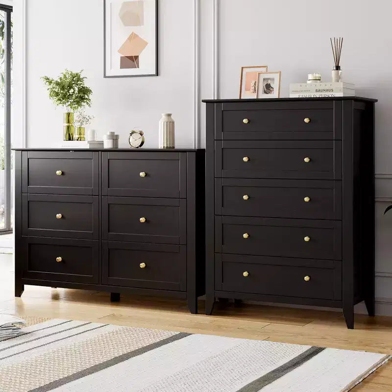 Commode 5 tiroirs pour chambre à coucher, chiffonnier en bois style ferme pour vêtements, grande commode de rangement avec poignées dorées et tiroirs profonds