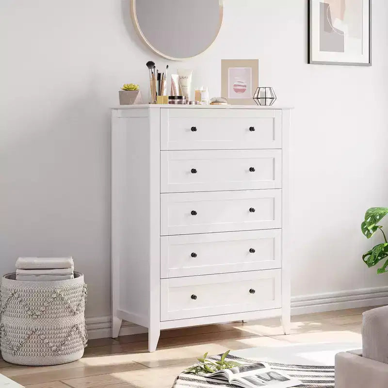 Commode 5 tiroirs pour chambre à coucher, chiffonnier en bois style ferme pour vêtements, grande commode de rangement avec poignées dorées et tiroirs profonds