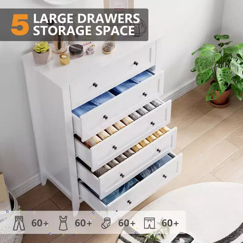 Commode 5 tiroirs pour chambre à coucher, chiffonnier en bois style ferme pour vêtements, grande commode de rangement avec poignées dorées et tiroirs profonds
