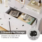 Commode 5 tiroirs pour chambre à coucher, chiffonnier en bois style ferme pour vêtements, grande commode de rangement avec poignées dorées et tiroirs profonds