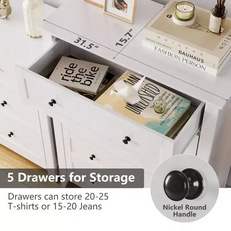 Commode 5 tiroirs pour chambre à coucher, chiffonnier en bois style ferme pour vêtements, grande commode de rangement avec poignées dorées et tiroirs profonds