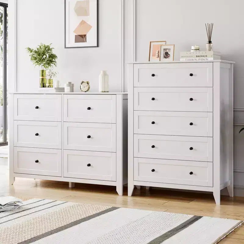 Commode 5 tiroirs pour chambre à coucher, chiffonnier en bois style ferme pour vêtements, grande commode de rangement avec poignées dorées et tiroirs profonds