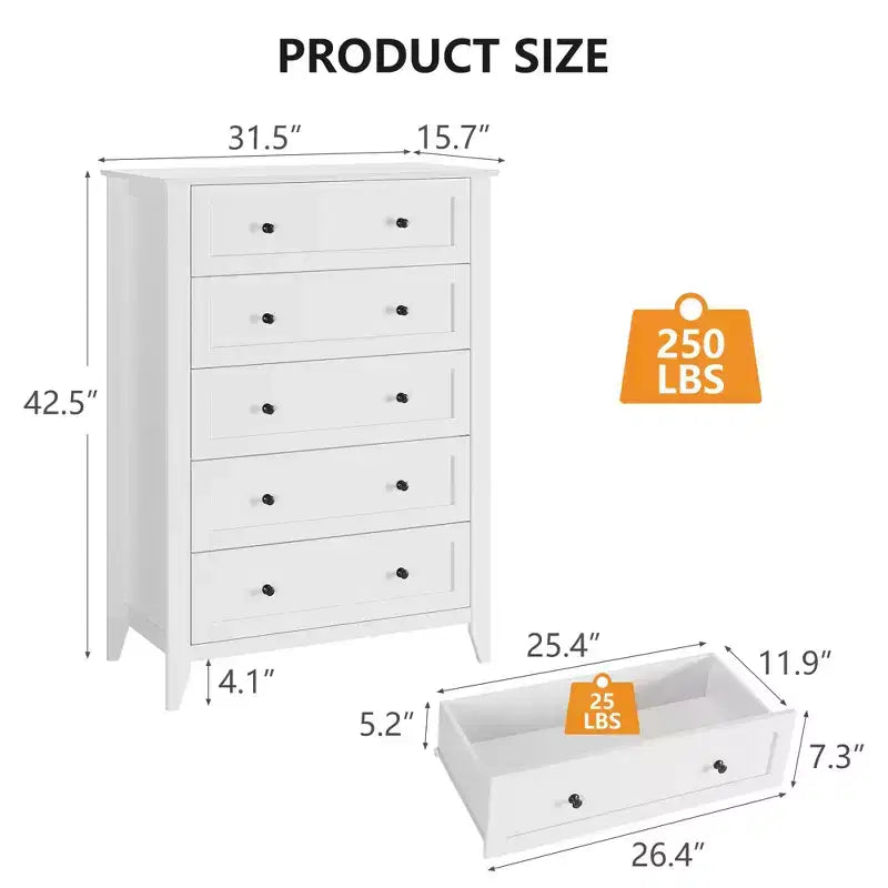 Commode 5 tiroirs pour chambre à coucher, chiffonnier en bois style ferme pour vêtements, grande commode de rangement avec poignées dorées et tiroirs profonds
