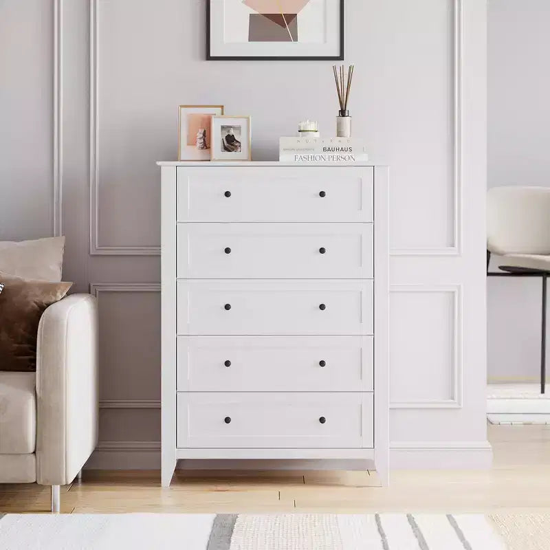 Commode 5 tiroirs pour chambre à coucher, chiffonnier en bois style ferme pour vêtements, grande commode de rangement avec poignées dorées et tiroirs profonds