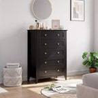 Commode 5 tiroirs pour chambre à coucher, chiffonnier en bois style ferme pour vêtements, grande commode de rangement avec poignées dorées et tiroirs profonds