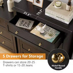 Commode 5 tiroirs pour chambre à coucher, chiffonnier en bois style ferme pour vêtements, grande commode de rangement avec poignées dorées et tiroirs profonds