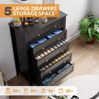 Commode 5 tiroirs pour chambre à coucher, chiffonnier en bois style ferme pour vêtements, grande commode de rangement avec poignées dorées et tiroirs profonds