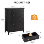 Commode 5 tiroirs pour chambre à coucher, chiffonnier en bois style ferme pour vêtements, grande commode de rangement avec poignées dorées et tiroirs profonds