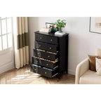 Commode 5 tiroirs pour chambre à coucher, chiffonnier en bois style ferme pour vêtements, grande commode de rangement avec poignées dorées et tiroirs profonds