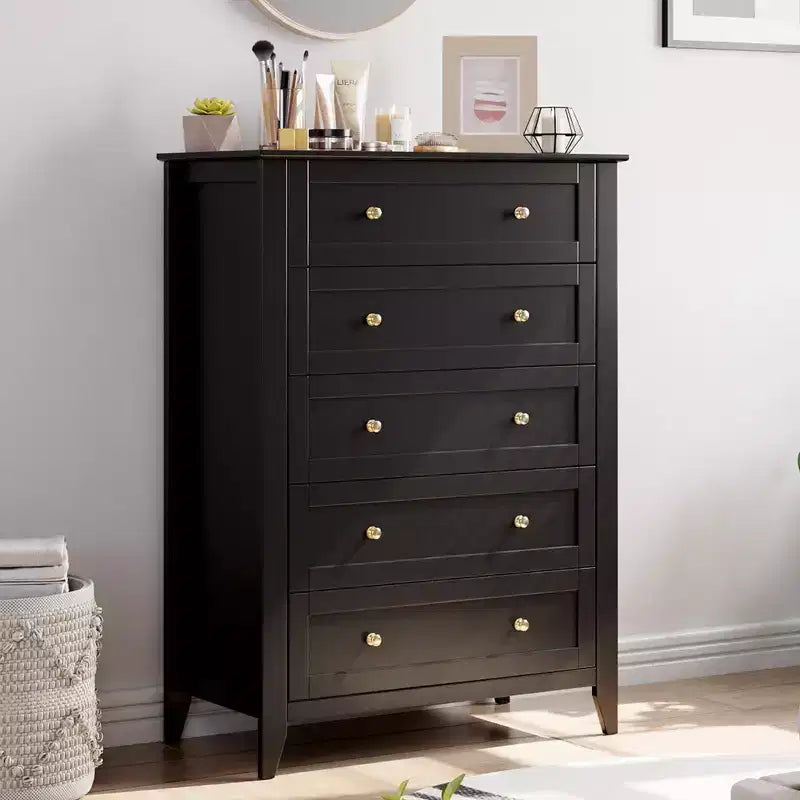 5 Drawers Dresser for Bedroom, Farmhouse Tall Wood Chest of Drawers for Clothes, Big Storage Dressers Organizer with Gold Handles & Deep Drawers