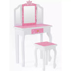 JOYMOR Kids Vanity Set, Wooden Princess Makeup Table with Stool, Tri-Folding Mirror, Large Drawer and Solid Wooden Legs, Pink