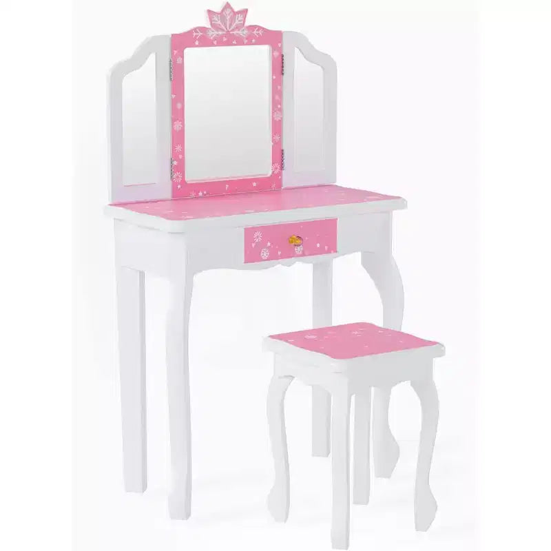 JOYMOR Kids Vanity Set, Wooden Princess Makeup Table with Stool, Tri-Folding Mirror, Large Drawer and Solid Wooden Legs, Pink