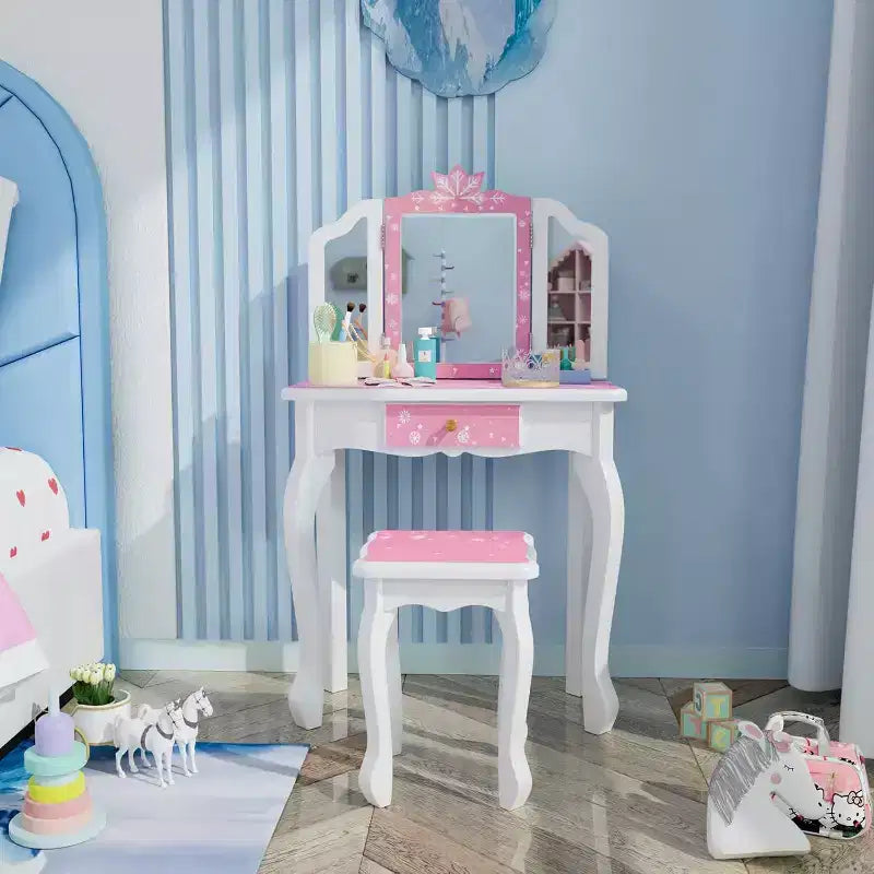JOYMOR Kids Vanity Set, Wooden Princess Makeup Table with Stool, Tri-Folding Mirror, Large Drawer and Solid Wooden Legs, Pink