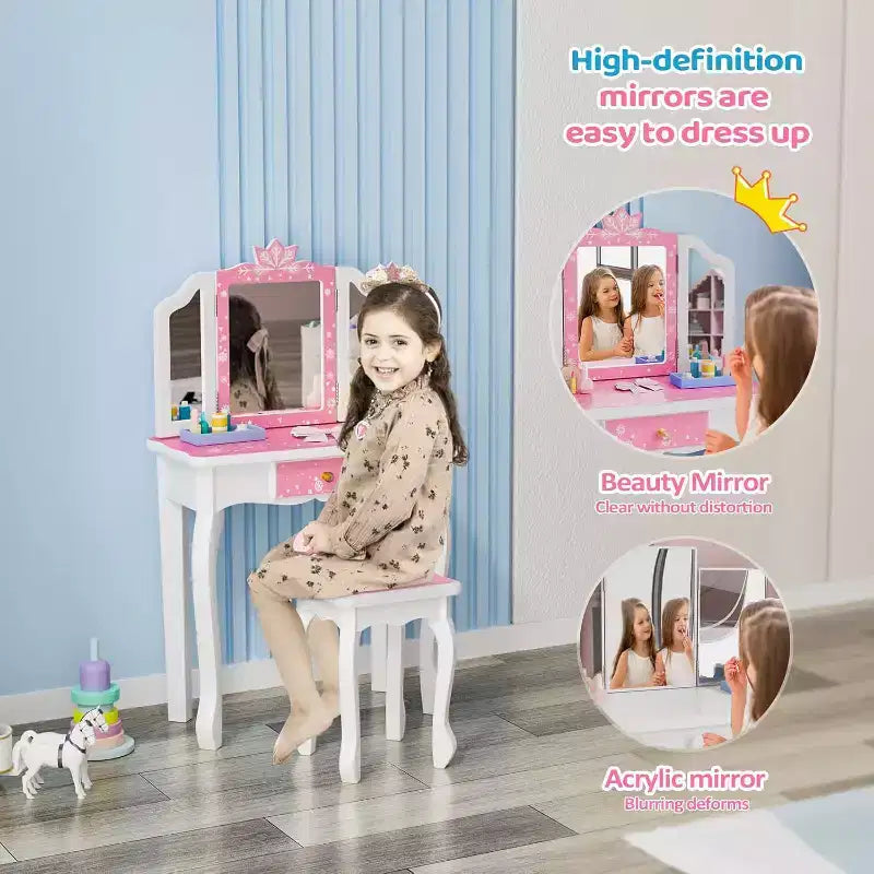 JOYMOR Kids Vanity Set, Wooden Princess Makeup Table with Stool, Tri-Folding Mirror, Large Drawer and Solid Wooden Legs, Pink