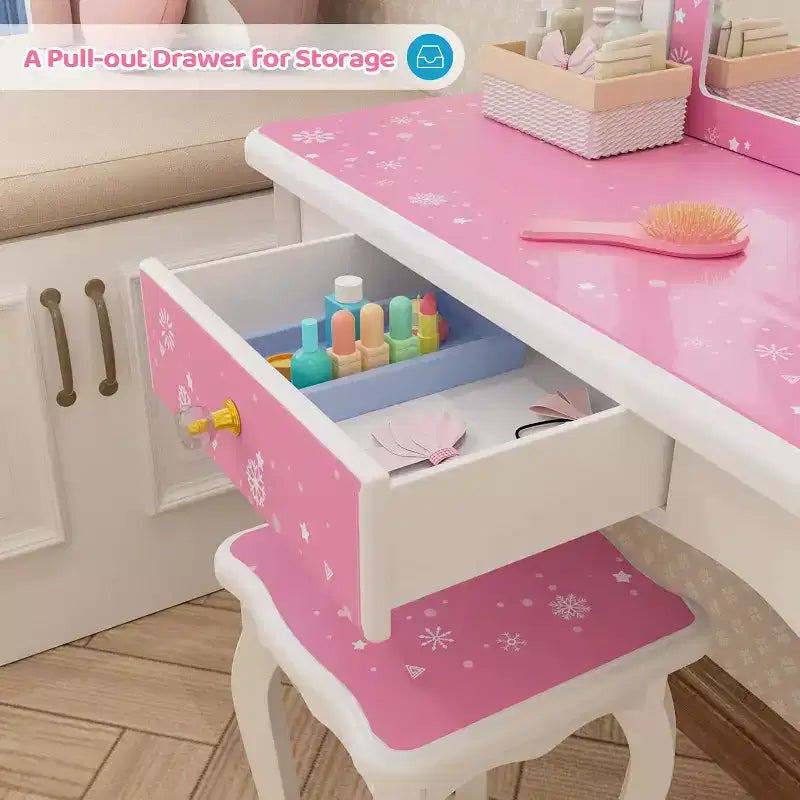 JOYMOR Kids Vanity Set, Wooden Princess Makeup Table with Stool, Tri-Folding Mirror, Large Drawer and Solid Wooden Legs, Pink