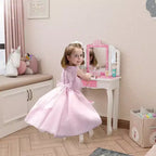 JOYMOR Kids Vanity Set, Wooden Princess Makeup Table with Stool, Tri-Folding Mirror, Large Drawer and Solid Wooden Legs, Pink