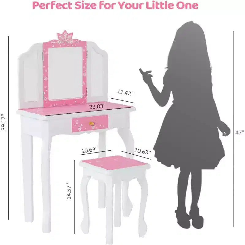 JOYMOR Kids Vanity Set, Wooden Princess Makeup Table with Stool, Tri-Folding Mirror, Large Drawer and Solid Wooden Legs, Pink