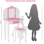 JOYMOR Kids Vanity Set, Wooden Princess Makeup Table with Stool, Tri-Folding Mirror, Large Drawer and Solid Wooden Legs, Pink
