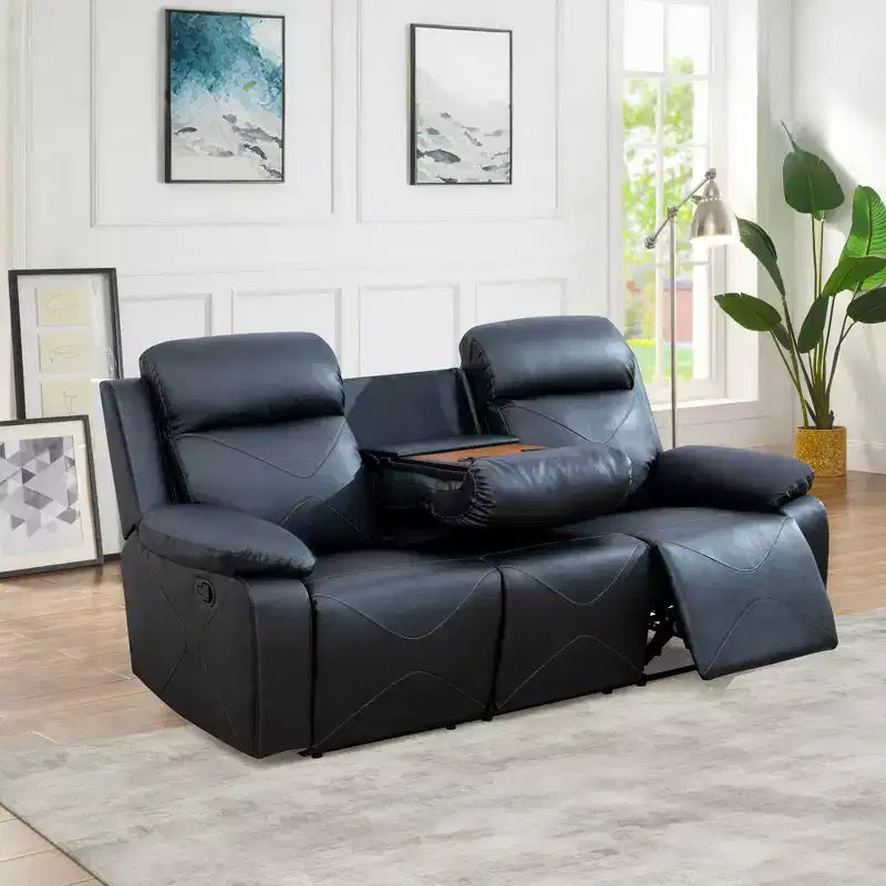 MAYEERTY Reclining Sofa, 3-Seat Breathable Leather Recliner with Reversible Coffee Table for Living Room, Black