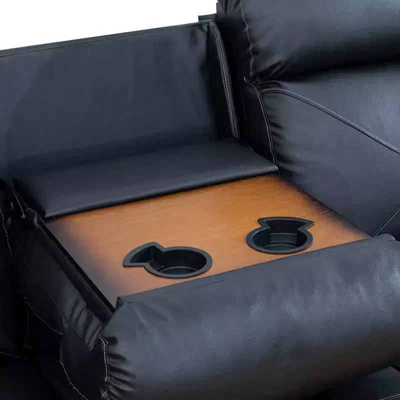 MAYEERTY Reclining Sofa, 3-Seat Breathable Leather Recliner with Reversible Coffee Table for Living Room, Black