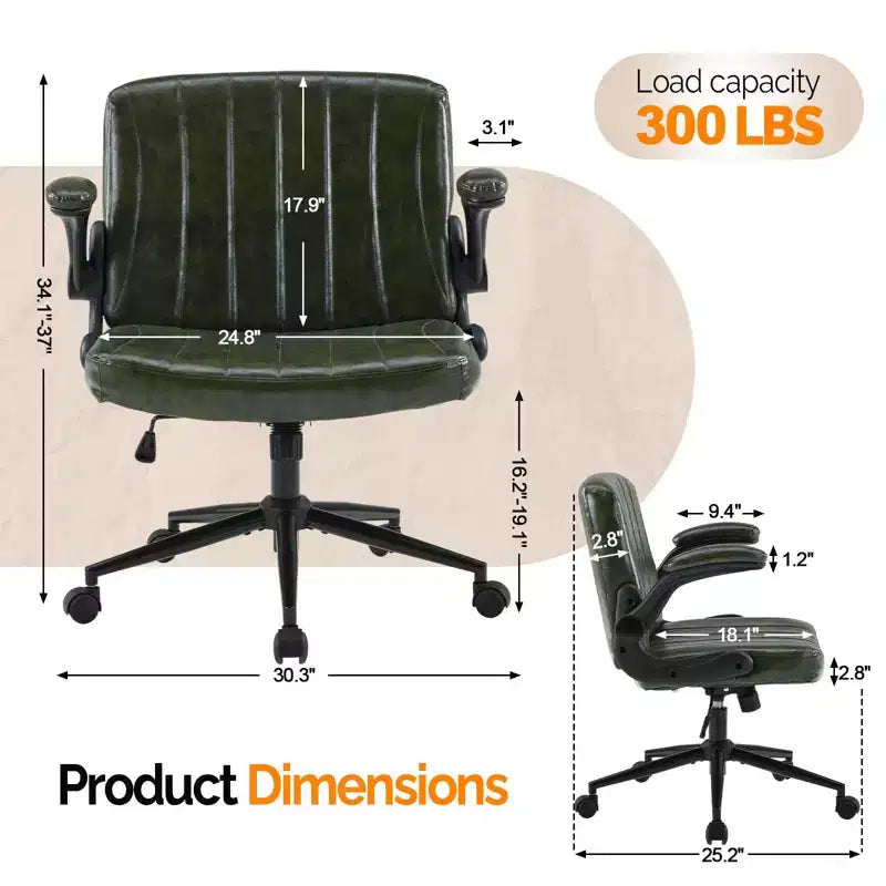VINGLI Criss Cross Chair with Adjustable Flip-Up Arms,Cross Legged Chair with Wheels, Extra Wide Office Chair, PU Leather,Dark Green