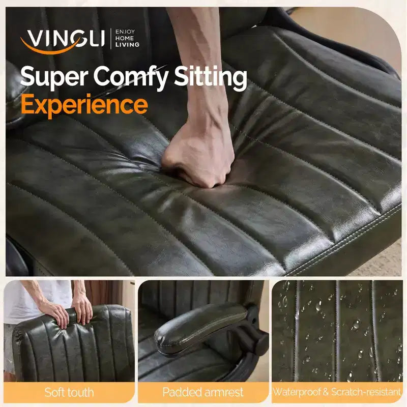 VINGLI Criss Cross Chair with Adjustable Flip-Up Arms,Cross Legged Chair with Wheels, Extra Wide Office Chair, PU Leather,Dark Green