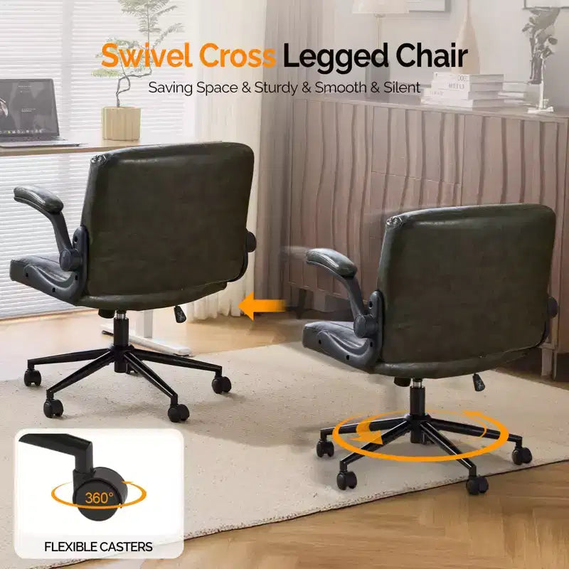 VINGLI Criss Cross Chair with Adjustable Flip-Up Arms,Cross Legged Chair with Wheels, Extra Wide Office Chair, PU Leather,Dark Green