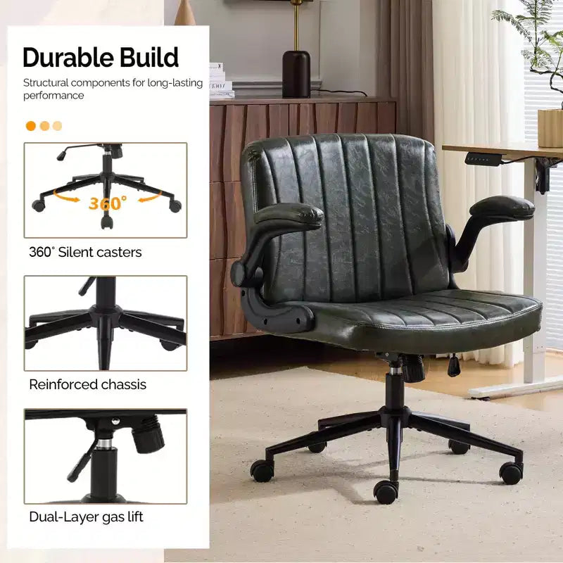 VINGLI Criss Cross Chair with Adjustable Flip-Up Arms,Cross Legged Chair with Wheels, Extra Wide Office Chair, PU Leather,Dark Green