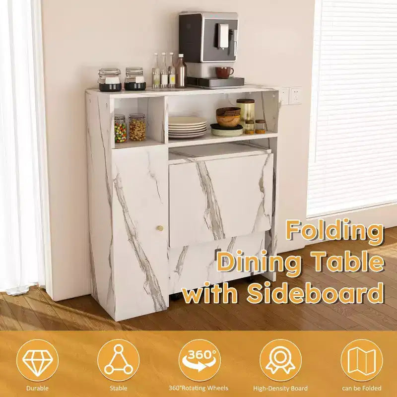 Okak 37.4IN Multifunctional Foldable Table with Storage for 4, Dining Table with Wheels, Kitchen Table for Dining Room, Living Room