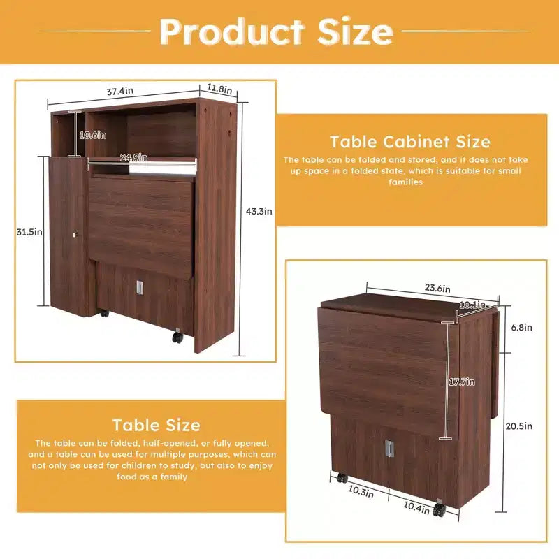 Okak 37.4IN Multifunctional Foldable Table with Storage for 4, Dining Table with Wheels, Kitchen Table for Dining Room, Living Room